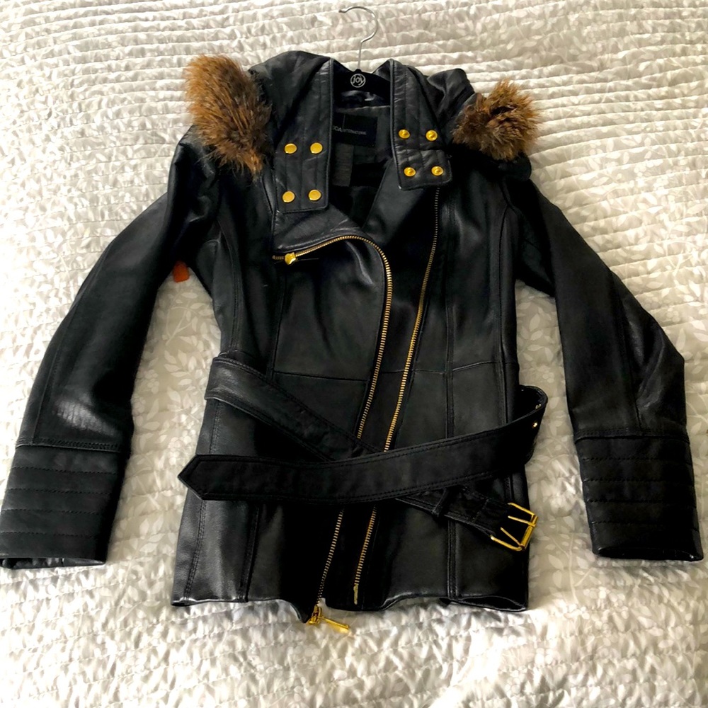 Vintage Victoria’s Secret Leather Jacket w Faux Fur Hood + Gold Hardware Size S